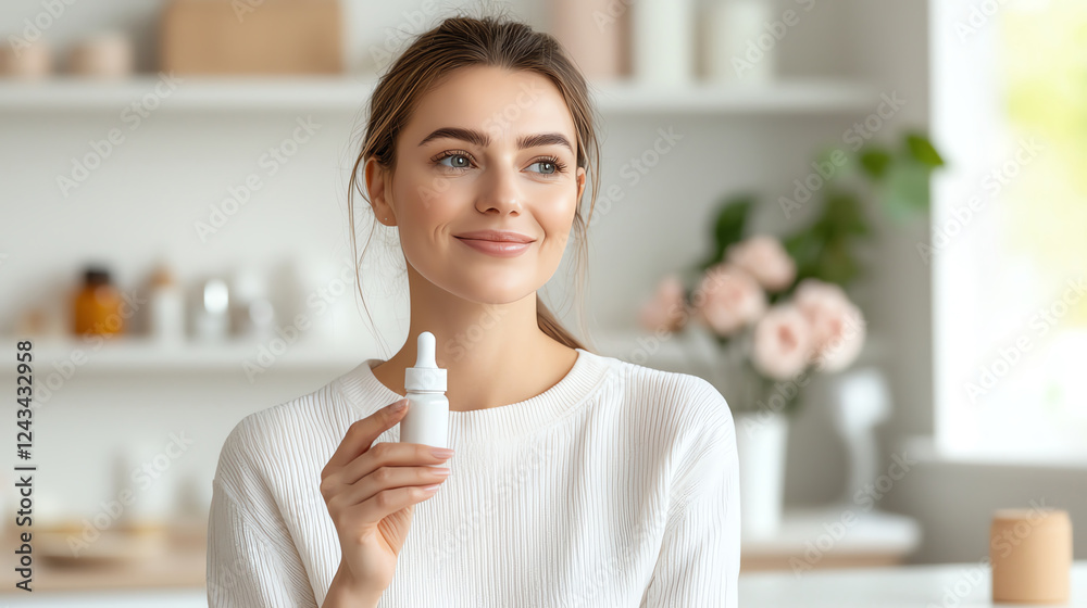 A young woman smiling while holding a serum dropper bottle in a bright, modern setting, highlighting personal care and wellness. Perfect for beauty and lifestyle themes. A young woman smiling while holding a serum dropper bottle in a bright, modern setting, highlighting personal care and wellness. Perfect for beauty and lifestyle themes.