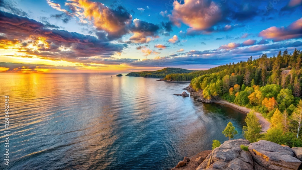 Panoramic view of Lake Superior with surrounding Minnesota and Wisconsin landscape at sunset , lake superiorscenery, wisconsin Panoramic view of Lake Superior with surrounding Minnesota and Wisconsin landscape at sunset , lake superiorscenery, wisconsin