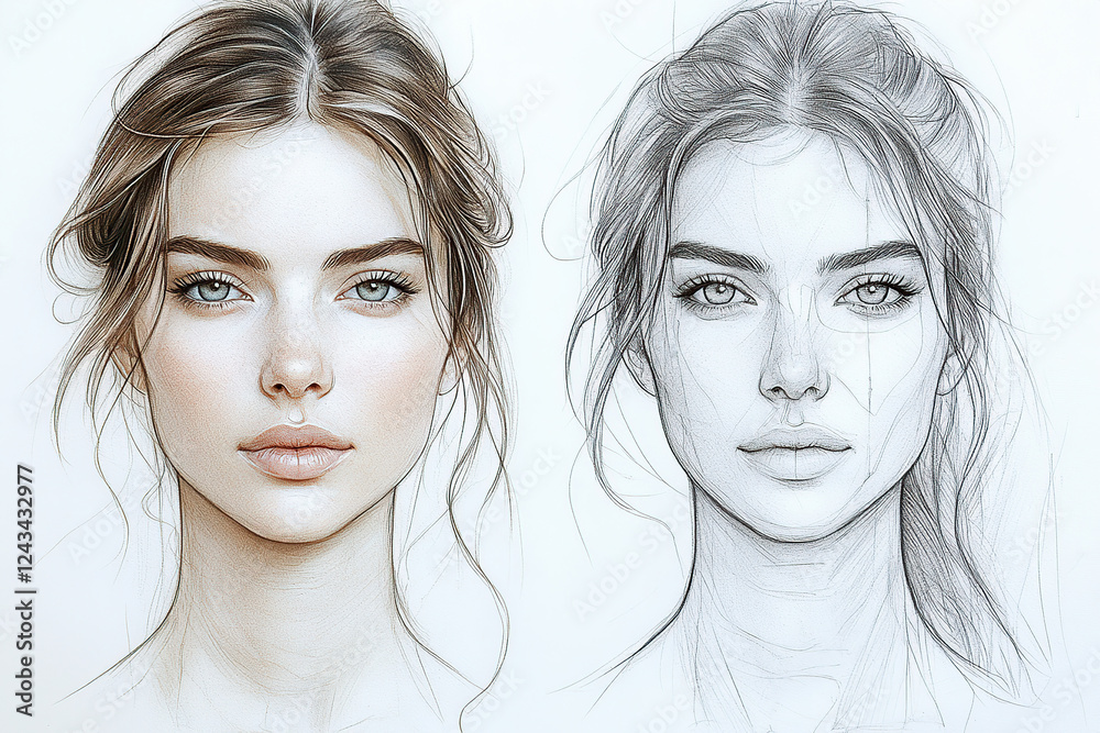 Artwork of painted portrait of a beautiful woman, sketches Artwork of painted portrait of a beautiful woman, sketches