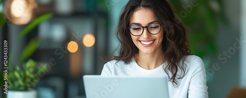A young woman with glasses happily working on her laptop in a bright and inviting workspace, showcasing professionalism and positivity in a modern business environment.