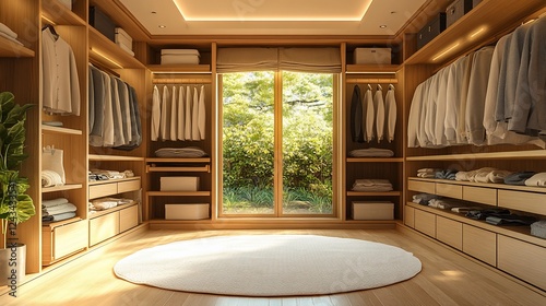 Sunlit walk-in closet with wood shelving, clothing, and rug.