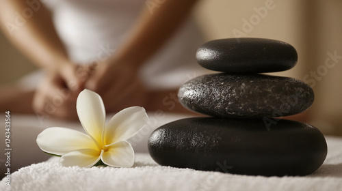 three smooth black stones stacked on top of each other. There is a white flower with a yellow center next to the stones. The stones and the flower are arranged on white towels.