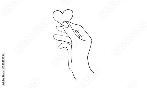 Human arm holding litlle heart line continuous drawn. Hand hold heart in line style. Charity, help, humanity, orphanhood. Vector illustration isolated on white background.