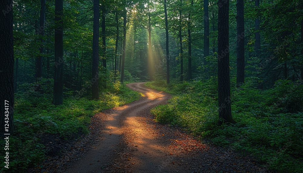 Naklejka premium Sunlit Forest Path Winding Through Lush Green Trees