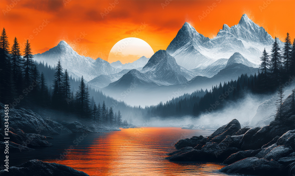 Obraz premium Majestic mountain landscape with vibrant sunset and serene river view