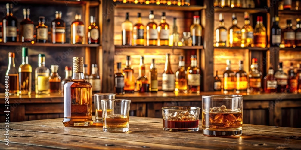 Warmly lit wooden counter with a selection of fine whiskies displayed behind it Warmly lit wooden counter with a selection of fine whiskies displayed behind it