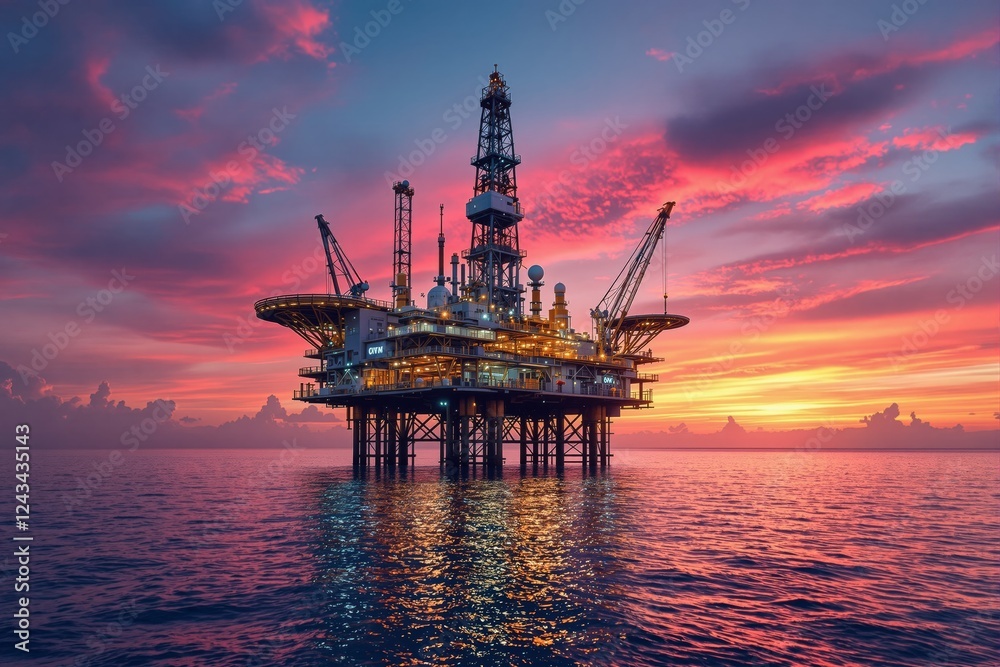 Offshore oil rig with bright lights stands in the ocean during a colorful sunset with vibrant clouds in the background, concept of energy production. Ai generative Offshore oil rig with bright lights stands in the ocean during a colorful sunset with vibrant clouds in the background, concept of energy production. Ai generative
