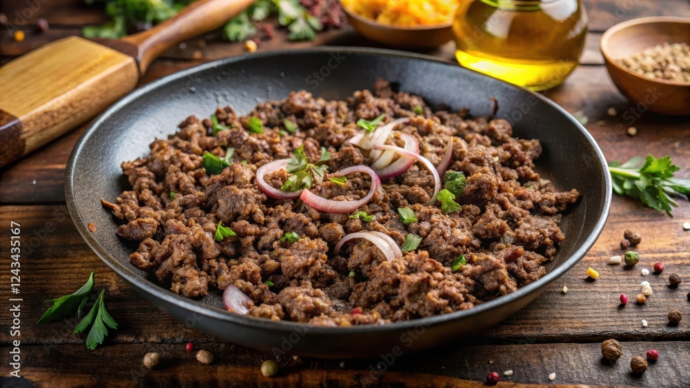 Close-up shot of tender ground beef cooked in a mixture of olive oil, onions, and spices, sizzling on the stovetop, with a sprinkle of cumin and oregano nearby , ground beef, oregano Close-up shot of tender ground beef cooked in a mixture of olive oil, onions, and spices, sizzling on the stovetop, with a sprinkle of cumin and oregano nearby , ground beef, oregano