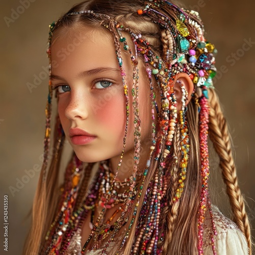 Girl, beaded braids, portrait, bohemian style, fashion photo