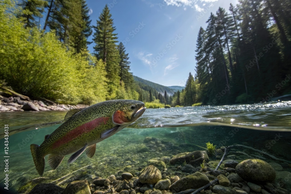 Fototapeta premium The rainbow trout glimmers in the sunlight as it's released back into the crystal-clear waters of a mountain stream, surrounded by lush greenery and towering trees, fishing, freshwater