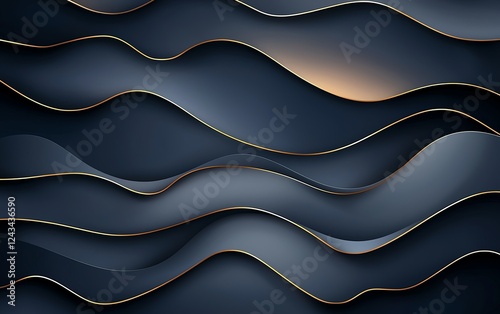 An abstract digital artwork featuring smooth, flowing waves in dark tones, enhanced with subtle golden lines. Ideal for backgrounds, websites, or modern design projects. photo