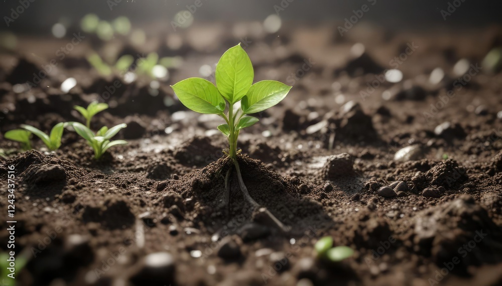 Fototapeta premium Tiny green sprout growing in the moist surface of garden soil , moisture-soaked soil, outdoor gardening