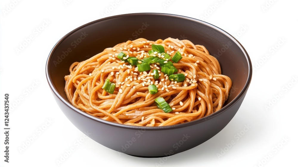 Delicious bowl of sesame noodles with scallions on a white background Delicious bowl of sesame noodles with scallions on a white background