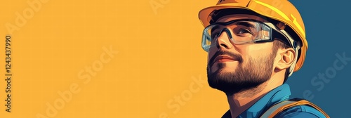 Portrait of a construction worker looking up with determination against a vibrant background