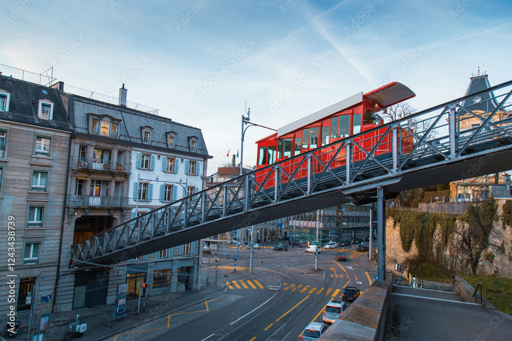 custom made wallpaper toronto digitalZurich, January 24, 2025: Polybahn funicular tram line and city view.