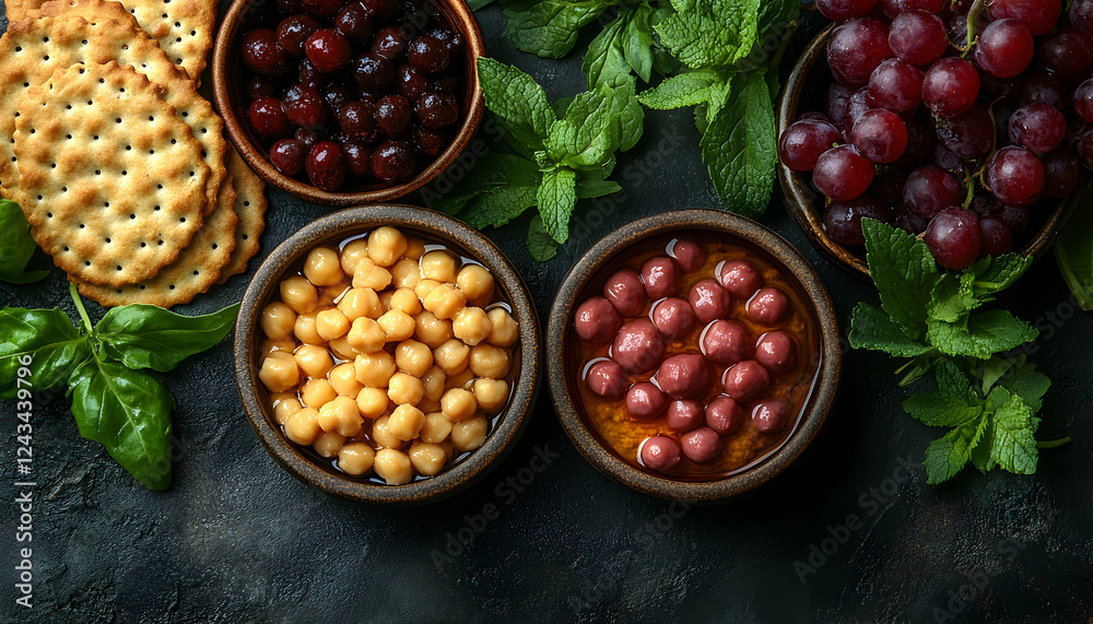 Photo Healthy Snacks Grapes Chickpeas Crackers and Marinated Food Photo Healthy Snacks Grapes Chickpeas Crackers and Marinated Food