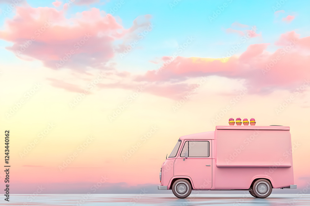 Fototapeta premium Pink Food Truck Serves Cupcakes at Sunset