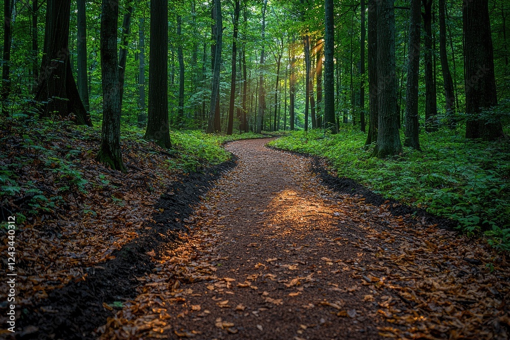 Obraz premium Sunlit Forest Path Winding Through Lush Green Trees