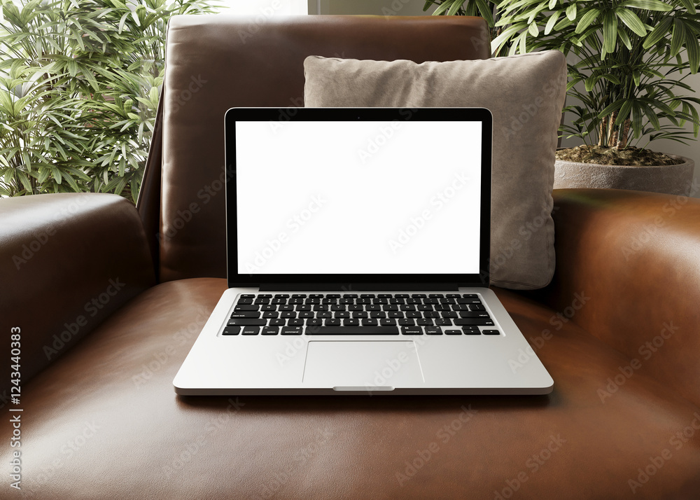 Fototapeta premium laptop copy space mock up with blank screen on living room, wood styled interior design aesthetic for blog, web, social media template