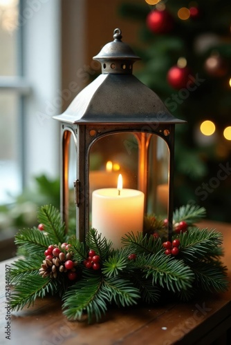 Decorative metal lantern filled with Christmas greenery, centerpiece, seasonal