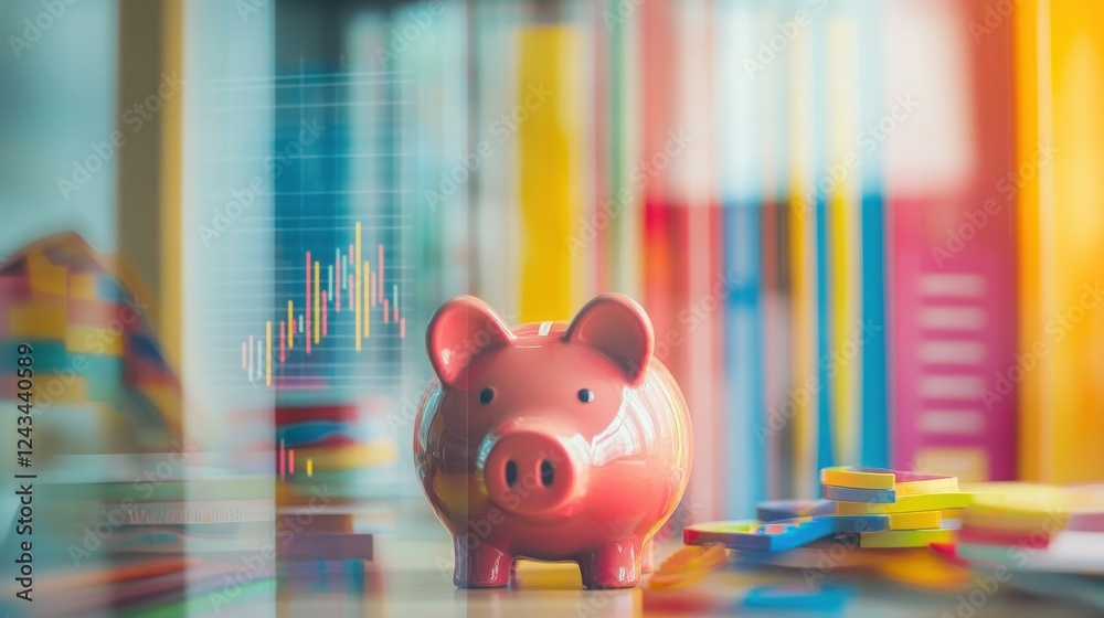 Creative double exposure blending a piggy bank with financial growth elements in a vibrant office setting Creative double exposure blending a piggy bank with financial growth elements in a vibrant office setting