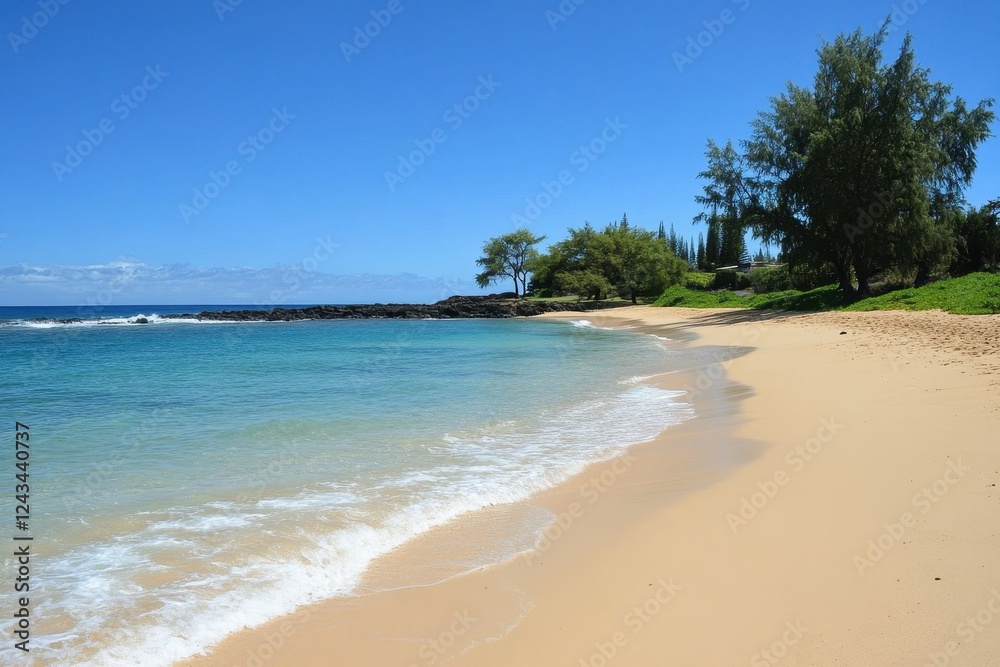 Tranquil Beach Scene with Clear Blue Water and Lush Greenery Tranquil Beach Scene with Clear Blue Water and Lush Greenery