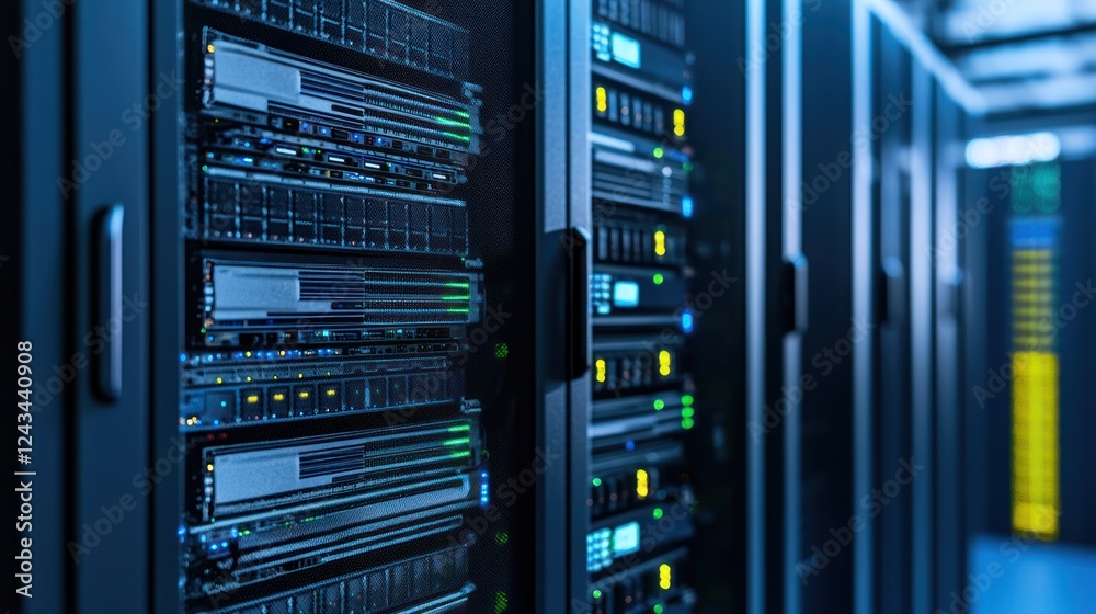 Data Center Server Racks: Blue Lit Network Hardware Data Center Server Racks: Blue Lit Network Hardware