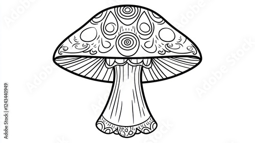 Ornate mushroom coloring page, white background, nature art photo