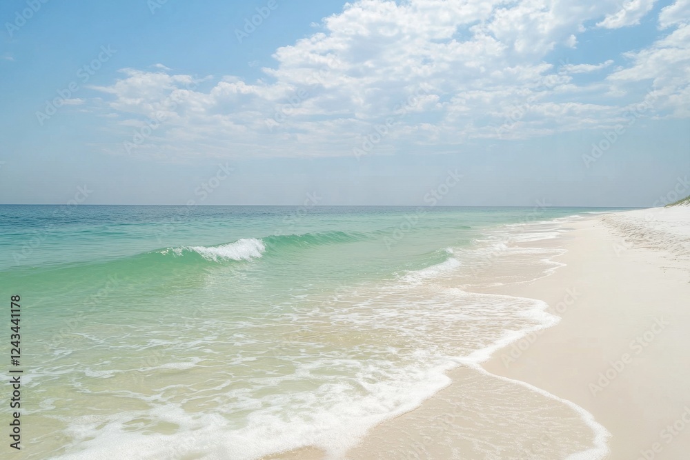 Tranquil Beach Scene with Gentle Waves and Clear Blue Sky Tranquil Beach Scene with Gentle Waves and Clear Blue Sky