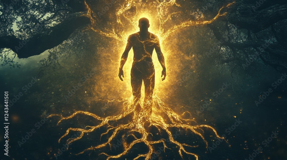 Fototapeta premium Man glowing with ethereal light emerges from roots in a mystical forest environment at twilight