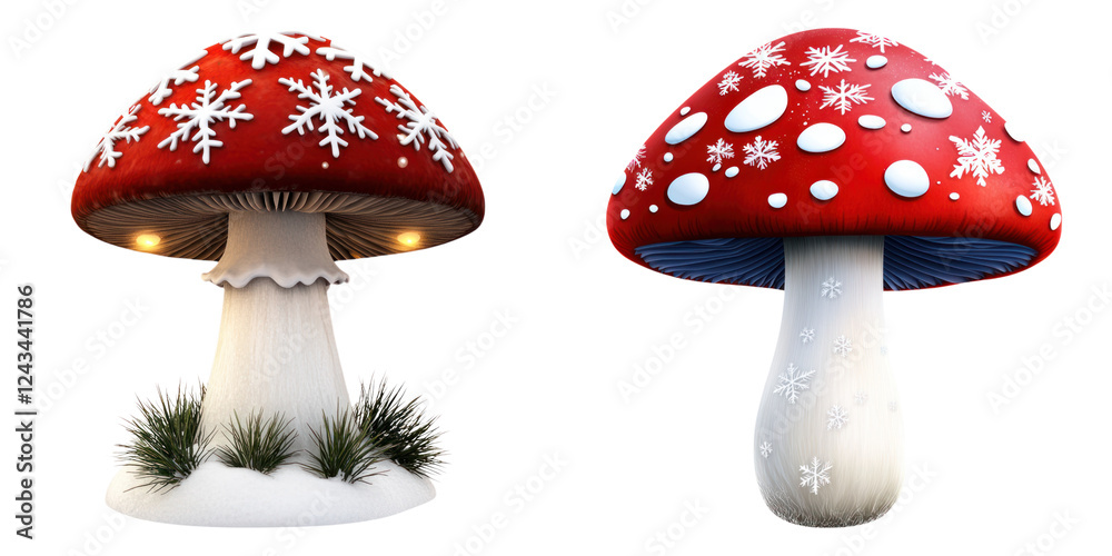Obraz premium whimsical mushroom with glowing icy cap, surrounded by snowflakes and grass