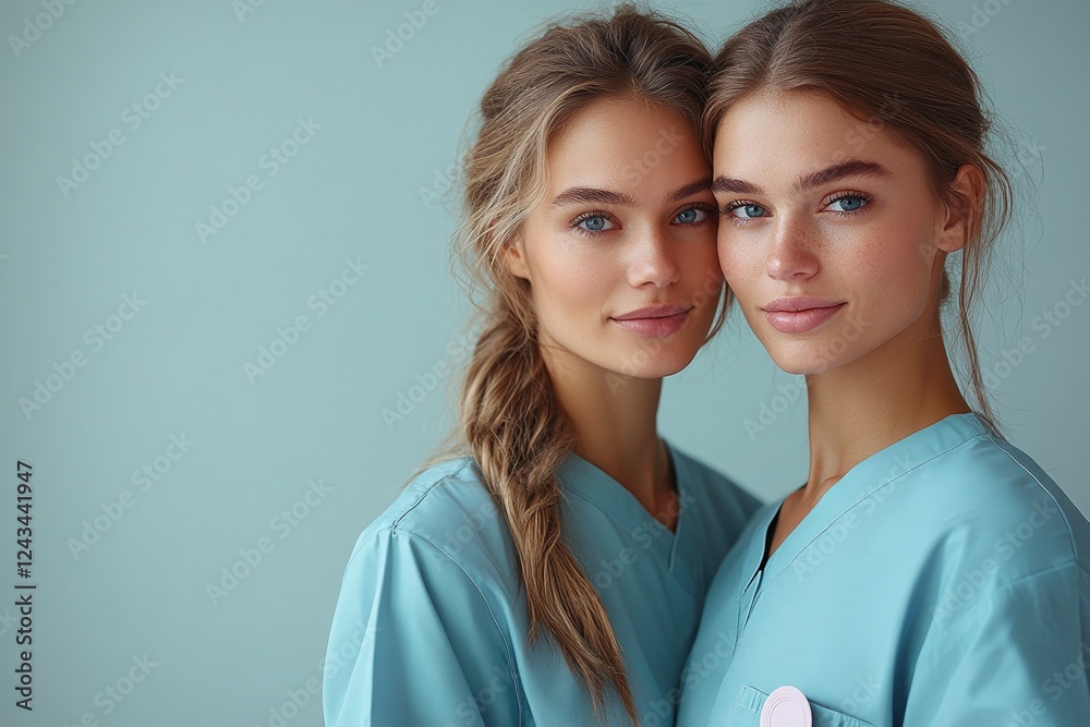 Two healthcare professionals in matching scrubs smiling against a pastel backdrop Two healthcare professionals in matching scrubs smiling against a pastel backdrop