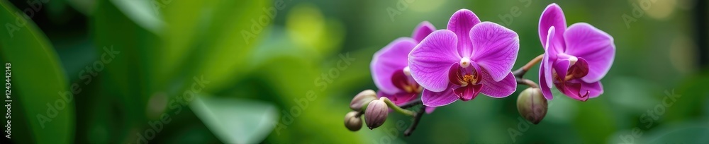Exotic purple orchid blooms in lush green foliage, bloom, blossom Exotic purple orchid blooms in lush green foliage, bloom, blossom