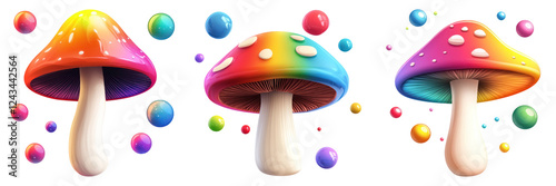 Colorful mushrooms with glowing caps and bubbles create whimsical scene