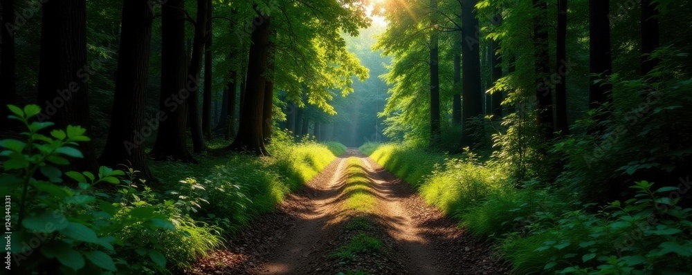 Fototapeta premium Narrow dirt track disappears into dense forest shadows, dark green, mysterious