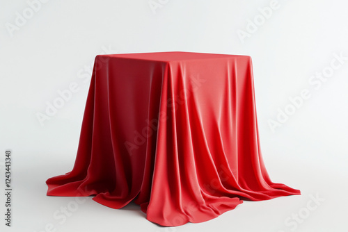 A red cloth is draped over a square object, creating smooth, flowing folds and creases. The background is plain white, emphasizing the vibrant color and texture of the fabric.