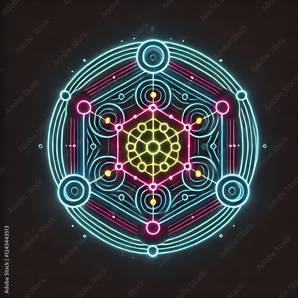 Fototapeta premium A glowing neon pattern on a dark black background.