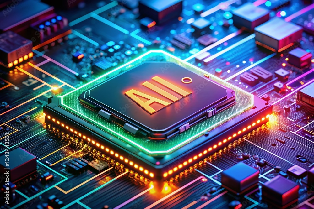 Glowing Futuristic AI Chip on Circuit Board - High-Tech Artificial Intelligence Concept Glowing Futuristic AI Chip on Circuit Board - High-Tech Artificial Intelligence Concept