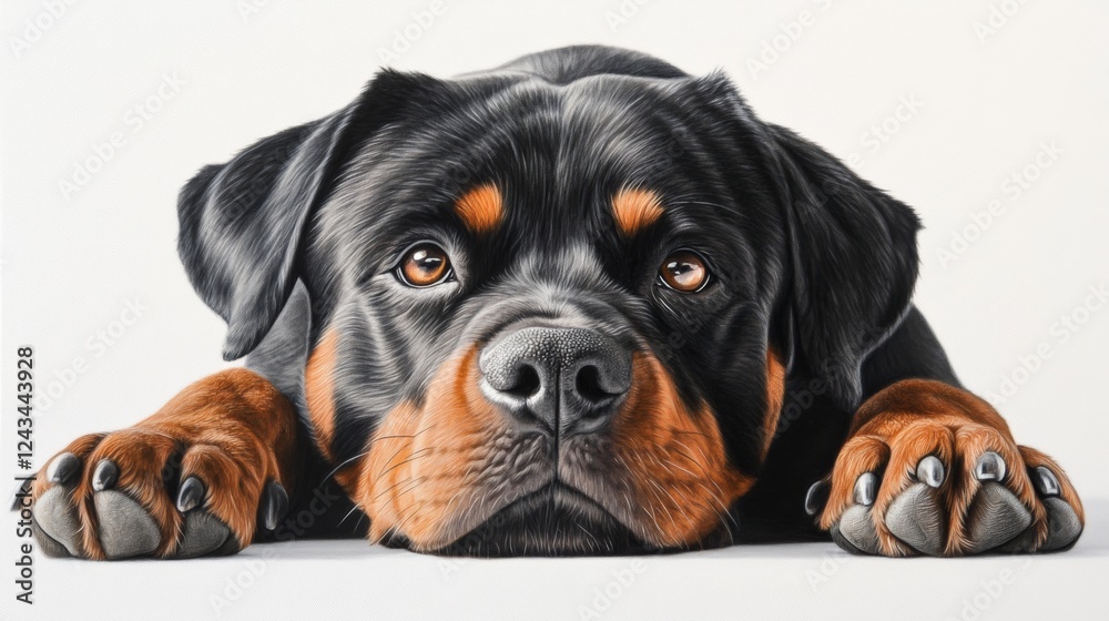 Fototapeta premium Rottweiler Lying Down with Its Head Resting on Surface