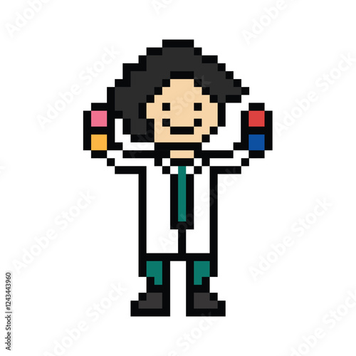 Cute pixel cartoon 8bit character man doctor medicine care pill treat game care decoration pharmacist male doctor medicine hospital 8 bit male pixel art game png vector.