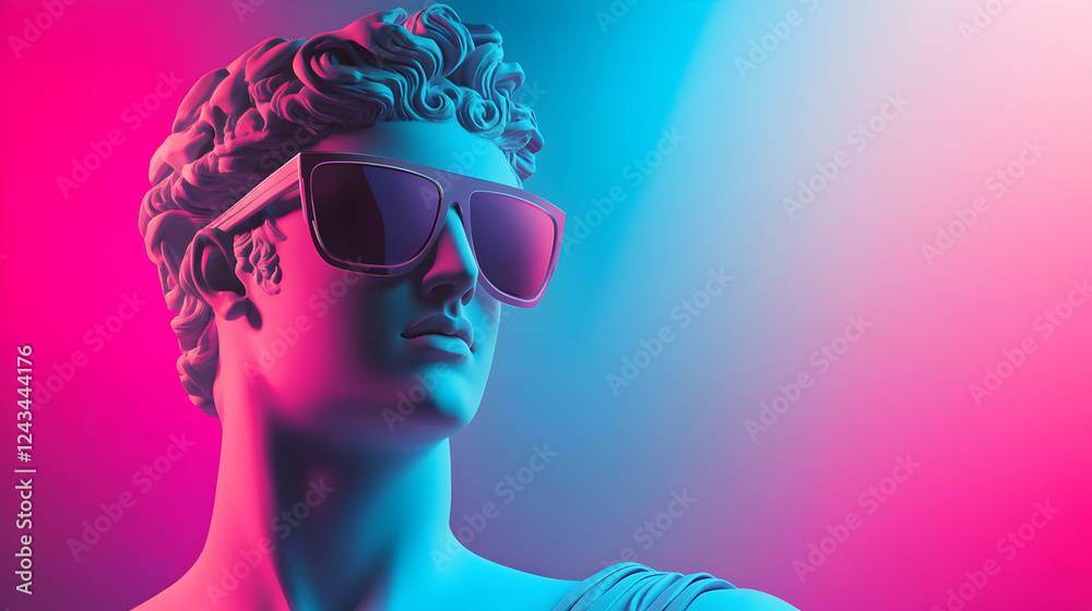 bust of an ancient Greek statue wearing futuristic sunglasses, set against a neon pink and blue vaporwave background bust of an ancient Greek statue wearing futuristic sunglasses, set against a neon pink and blue vaporwave background