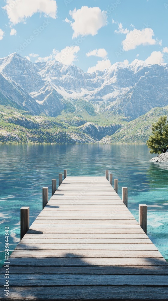 custom made wallpaper toronto digitalWooden pier extending into serene lake surrounded by mountains under clear blue sky