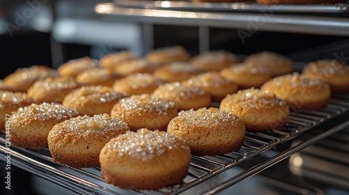 Golden cookies cooling on rack in oven photo