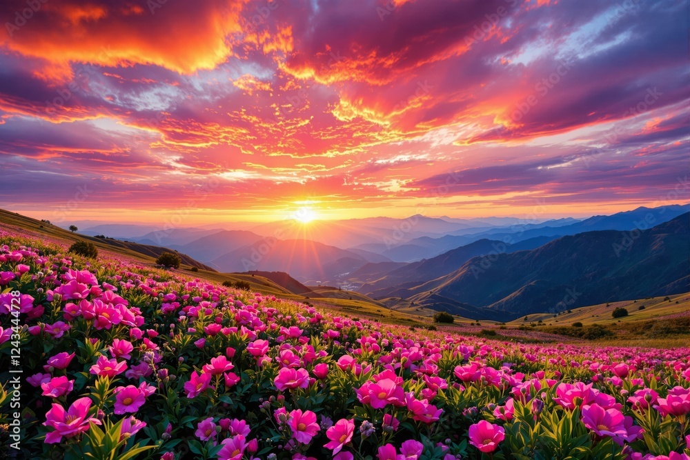 Breathtaking sunset over rolling mountains with vibrant pink flowers in the foreground, under a colorful sky. Nature beauty background. Ai generative Breathtaking sunset over rolling mountains with vibrant pink flowers in the foreground, under a colorful sky. Nature beauty background. Ai generative