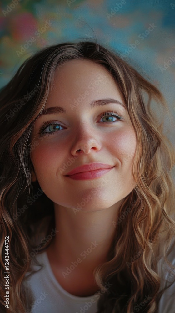 Close-up portrait of a smiling young woman with curly hair and bright eyes in a cozy indoor setting Close-up portrait of a smiling young woman with curly hair and bright eyes in a cozy indoor setting