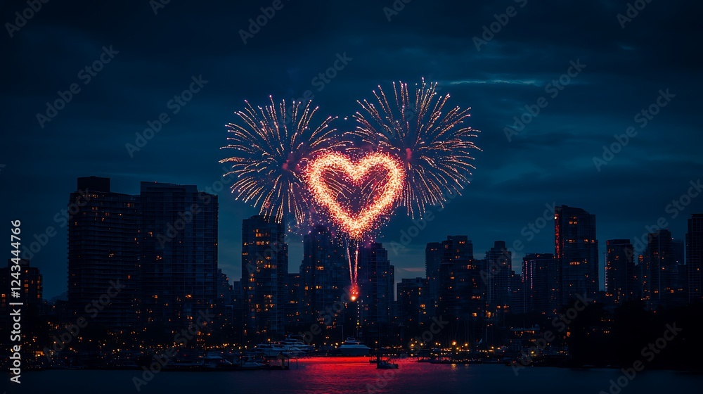 Heart-shaped fireworks above a romantic cityscape
Heart-shaped fireworks above a romantic cityscape