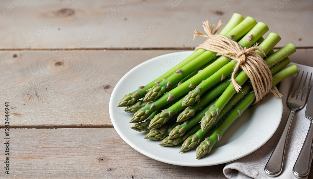 Fresh green asparagus spears tied with rustic twine on a white ceramic plate Fresh green asparagus spears tied with rustic twine on a white ceramic plate