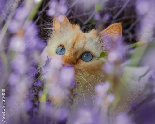 Blue-eyed cat hiding among lavender flowers