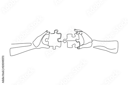 Continuous single line hand holding jigsaw puzzle business teamwork problem solving sketch drawing one line vector illustration