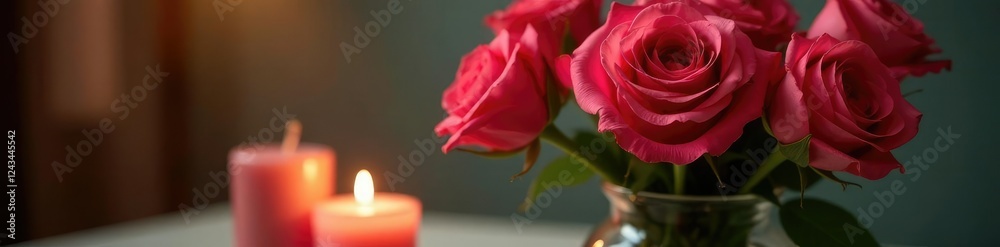 Obraz premium Softly glowing candle beside a vase of long-stemmed roses, rose bouquet, elegant atmosphere, flowers